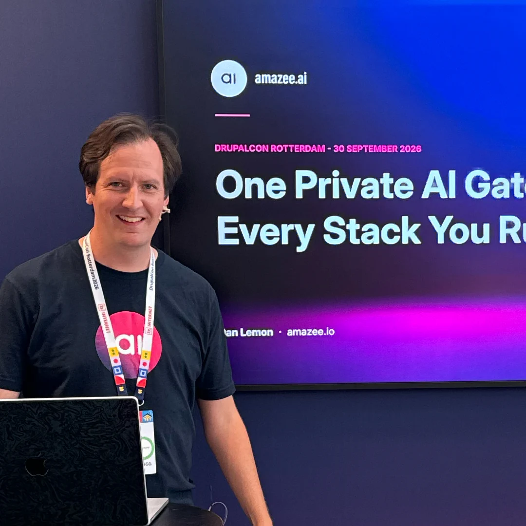 Dan Lemon from amazee.ai presenting "One Private AI Gateway for Every Stack You Run" at DrupalCon Rotterdam 2026