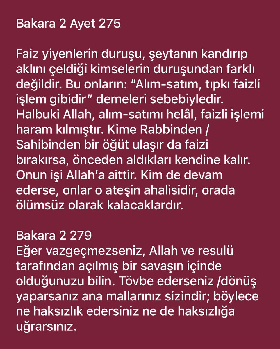MemoElkh's tweet photo. Selamlar sayın Gürkan bey riba faizdir ve haramdır. Kuranın tek bir yerinde bile yüzde beşe kadar yada yüzde yirmiye kadar helaldir diye ayet yoktur. Tam tersine hepsini haram kılar ve hatta bundan vaz geçmeyenlere Allah savaş açar. Bence tövbe et. Sevgiler. https://t.co/SU3GfXRGRx