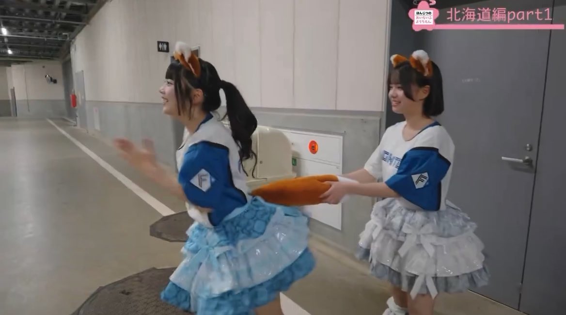 Two young women wearing matching blue and white cheerleader-style outfits with fox ear headbands and ruffled skirts play-fight in a hallway, with one holding an orange cushion. The on-screen text reads "北海道編part1" (Hokkaido Edition Part 1), and the post's hashtags "#みにたんみにきて" and "#あいすを愛す" suggest this is a fan moment featuring the idol group members Mini-tan and Ice, whose cuteness and interaction with the cushion the caption celebrates.