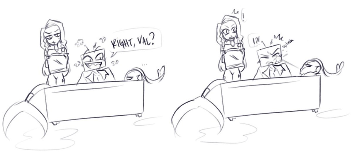 xnyre_'s tweet photo. Siren Val is not pleased w his new living arrangements #staticmoth #voxval #velvette #vox #hazbinhotel #hazbinhotelvalentino #thevees https://t.co/Eo00PIGKCM