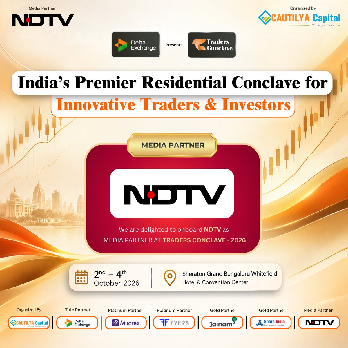TradersgurukulC's tweet photo. 🎉 Delighted to onboard NDTV as Media Partner of Traders Conclave 2026!

📅 2–4 Oct 2026
📍 Sheraton Grand Bengaluru Whitefield
🎟️ Limited Seats: https://t.co/IMKywCWDQE
#TradersConclave2026 #NDTV #CautilyaCapital https://t.co/XrLpQ9lDjA