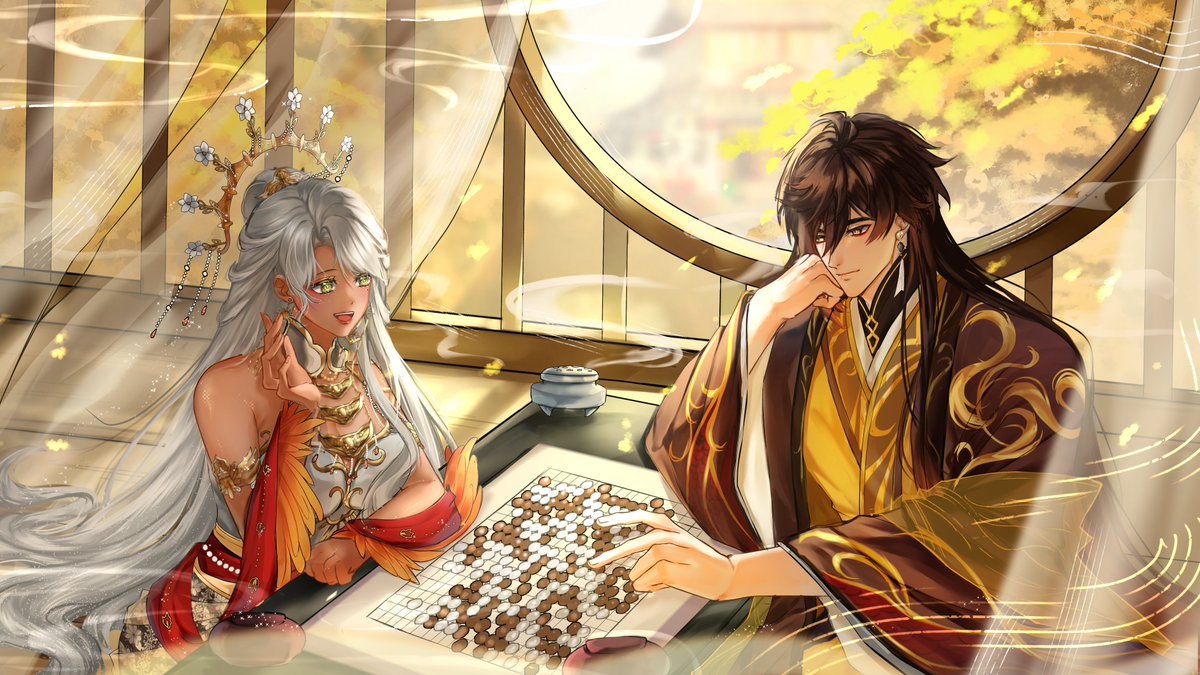 dewinyazhongli's tweet photo. Autumn leaves drift past the window, greeting them at the board. The stone pieces hold the memories.
#solterrae https://t.co/Q1wIq1RLGJ