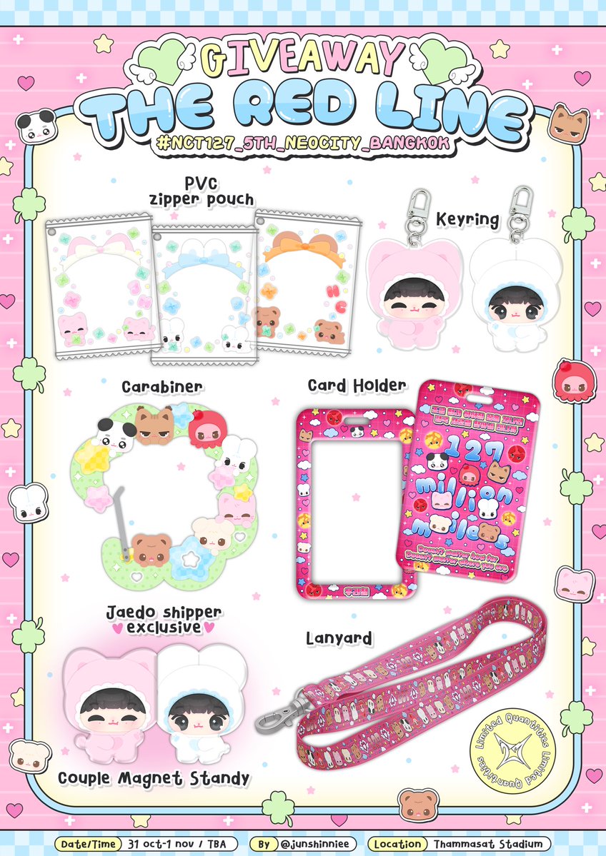 junshinniee's tweet photo. pls kindly rt ﾟ ⋆

giveaway 𐙚  
૮₍´｡#NCT127_5TH_NEOCITY_BANGKOK_THE_REDLINE｡₎ა

ೀ pvc pouch , keyring , carabiner , cardholder , landyard

for #jaedo shipper  ｡⋆୨୧˚
ৎ୭ magnet standy

for jeongfam ｡⋆ ✶ ˚
ꔚ woven bag

꩜⋆ date 31 oct - 1 nov 
꩜⋆ thammasat stadium https://t.co/zFLUNFKG6f