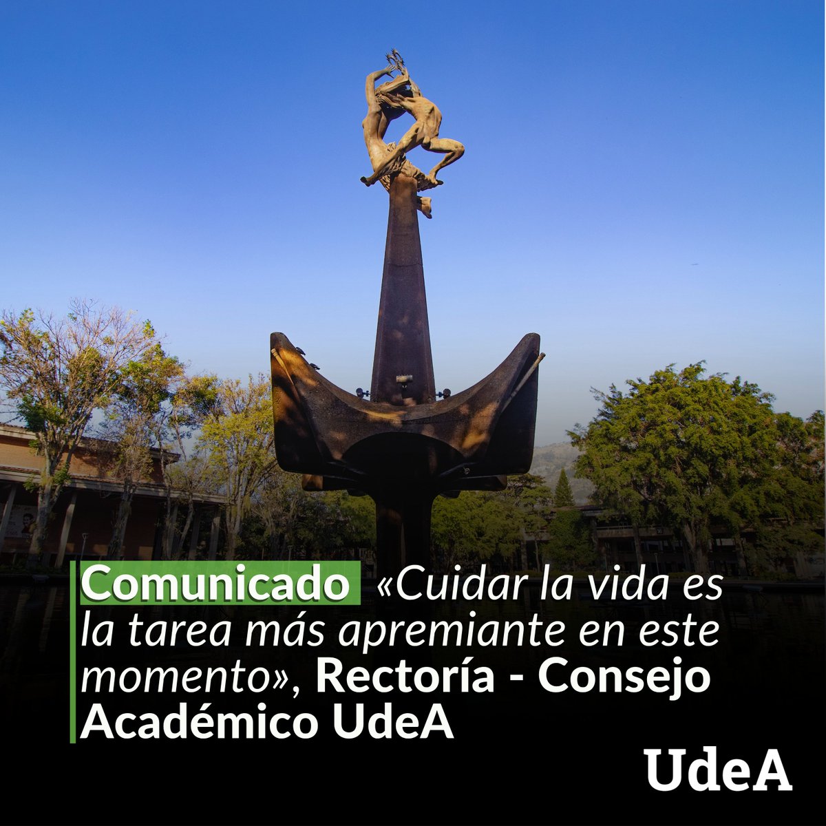 UdeA's tweet photo. 💚 Cuidar la vida y la integridad de nuestra comunidad es la tarea más apremiante. El Consejo Académico y la Rectoría de la Universidad de Antioquia demandan respeto por la autonomía universitaria y reafirman el diálogo y la concertación como las únicas herramientas legítimas de convivencia en nuestros campus.

📌 Postura institucional frente al contexto actual:

▪️ Rechazo a la violencia: Las vías de hecho no representan los valores universitarios. Históricamente, el ingreso de la fuerza pública a los campus ha contribuido al escalamiento del conflicto y generado más daños.

▪️ Defensa de la protesta pacífica: Respaldamos la movilización social como un derecho democrático y condenamos cualquier intento de estigmatizar o criminalizar el pensamiento crítico.

▪️ Resolución de conflictos: Mantenemos la disposición activa para consolidar protocolos que garanticen la deliberación y la gestión de los disensos sin poner en riesgo a la comunidad.

▪️ Espacios abiertos: Nuestras aulas, laboratorios y espacios culturales seguirán operando como escenarios para el debate riguroso, la generación de conocimiento y la construcción de paz.

La UdeA es una fuerza viva y un territorio dinámico que construimos día a día a través del conocimiento. Nuestro compromiso es protegerla. 📎Lee el comunicado completo 👉 https://t.co/ZuBlDbJcSP