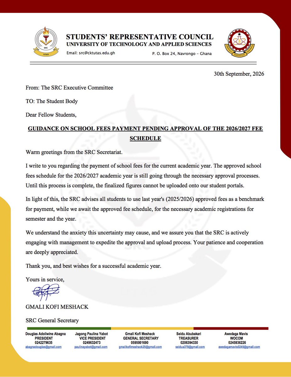 utas_src's tweet photo. 📢 NOTICE TO ALL STUDENTS

The SRC provides guidance on school fees payment pending the approval of the 2026/2027 fee schedule. Students are encouraged to take note and plan accordingly. https://t.co/7hF2DgWu2Q