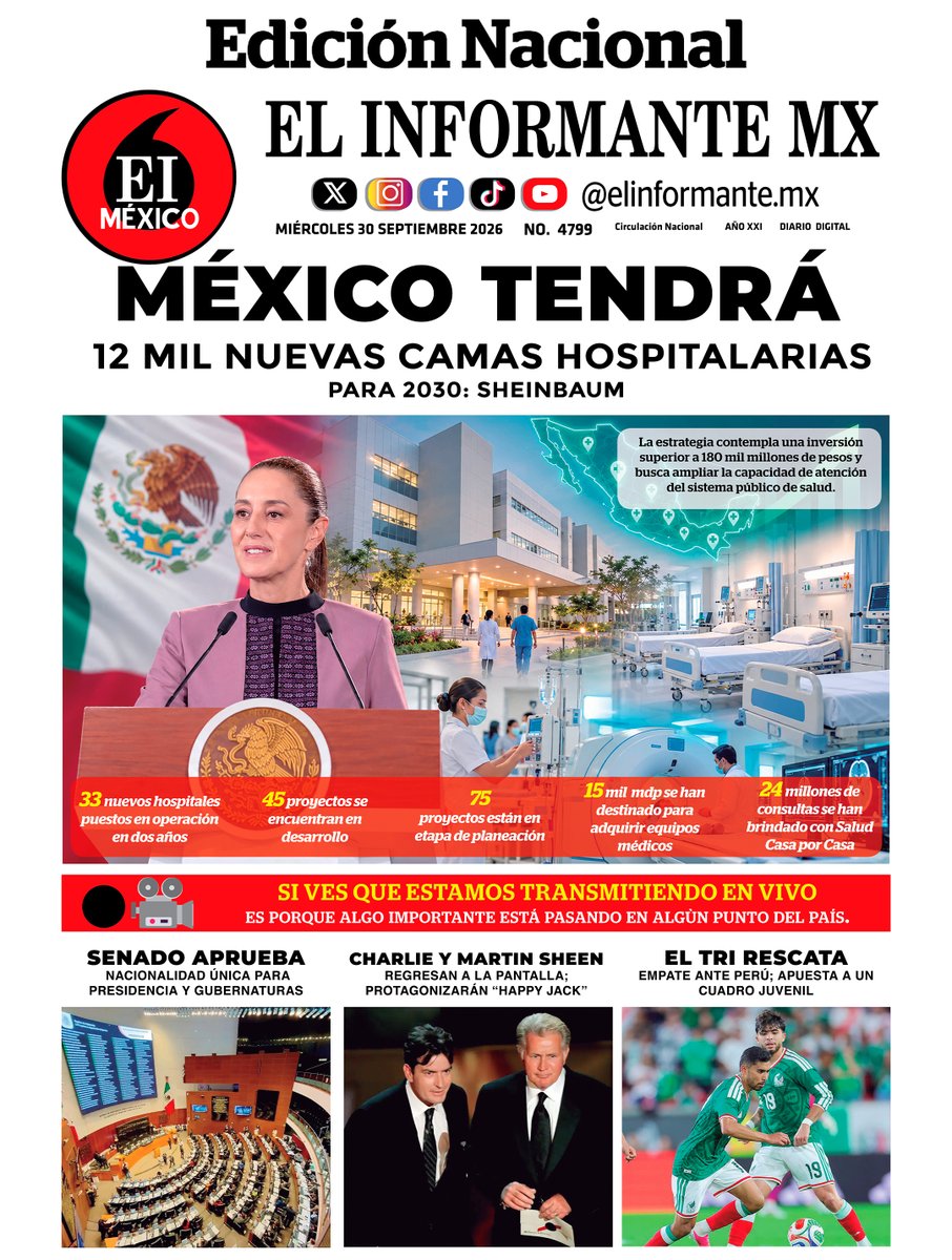 ElInformanteMX's tweet photo. #Portadas de nuestras #Ediciones #Nacional y #EstadoDeMéxico. Miércoles 30 de Septiembre del 2026.
Nuestra #EdiciónDigital aquí ↓
https://t.co/nEGqYtvmJO https://t.co/sV4jesB67T