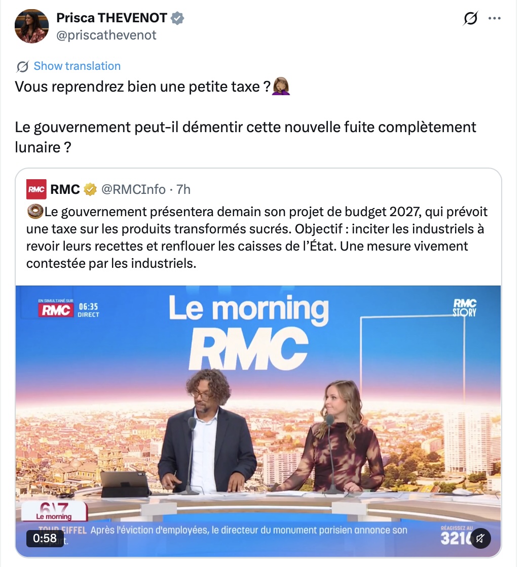 CerfiaFR's tweet photo. 🇫🇷🤦🏽‍♀️🍖 INSOLITE | « Vous reprendrez bien une petite taxe ? » La députée Prisca Thévenot critique un projet gouvernemental visant à taxer les produits transformés sucrés, alors qu’elle avait elle-même déposé un amendement en ce sens en octobre 2025 (n° AS1130).

Cet amendement prévoyait notamment d'instituer «  une contribution perçue sur les produits alimentaires transformés destinés à la consommation humaine contenant des sucres ajoutés. »