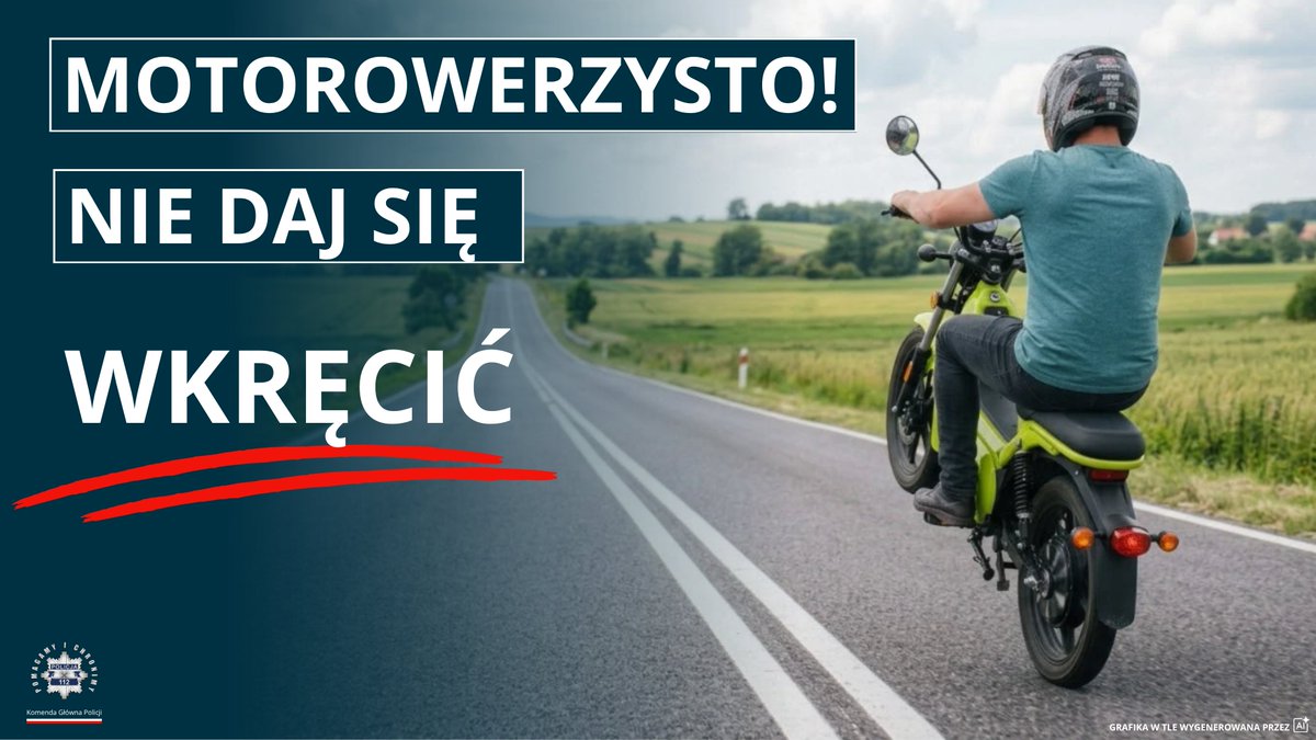 PolskaPolicja's tweet photo. 🔵 Motorowerzysto – nie daj się wkręcić 🛵

Motorowerzyści są pełnoprawnymi uczestnikami ruchu drogowego. Ich bezpieczeństwo zależy od wielu czynników https://t.co/m4GJPBHMWU. prędkości, sprawności technicznej jednośladu, pełnego stroju ochronnego, zasady ograniczonego zaufania.

Podobnie jak w przypadku motocyklistów ważne jest unikanie brawury i przewidywanie błędów innych kierowców na drodze. 

Dane za 2025 rok potwierdzają, że choć kierujący innymi pojazdami odpowiadają za 57% wszystkich wypadków z udziałem motorowerzystów, to w pozostałych przypadkach sami motorowerzyści ponoszą winę za wypadki z ich udziałem (43%).

Więcej➡️https://t.co/elcc3GsAMH