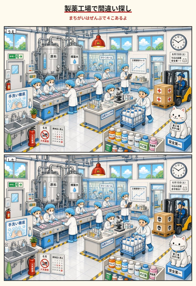 satousemashi's tweet photo. 間違い探しNo.3 製薬工場 https://t.co/zVn92TIduS