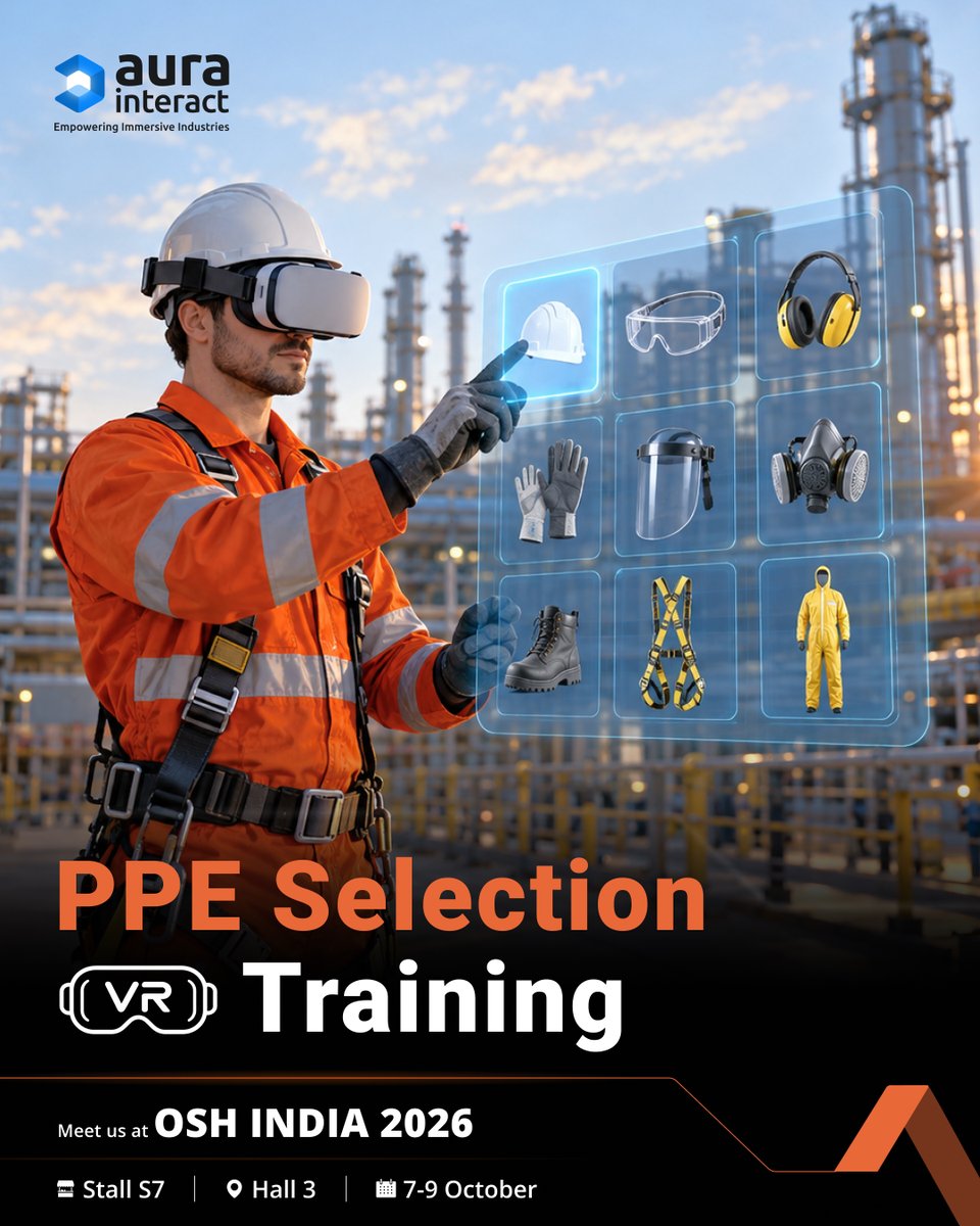 AuraInteract's tweet photo. Is your PPE right for the job?

Different tasks need different PPE. 𝐀𝐮𝐫𝐚𝐓𝐫𝐚𝐢𝐧 𝐏𝐏𝐄 𝐒𝐞𝐥𝐞𝐜𝐭𝐢𝐨𝐧 𝐕𝐑 helps workers practice the right choices before going onsite.

For more details: https://t.co/uEAXCQiJ9q

#OSHIndia2026 | Hall 3, Stall S7

#PPE #VRTraining https://t.co/H1M1I5S7ih