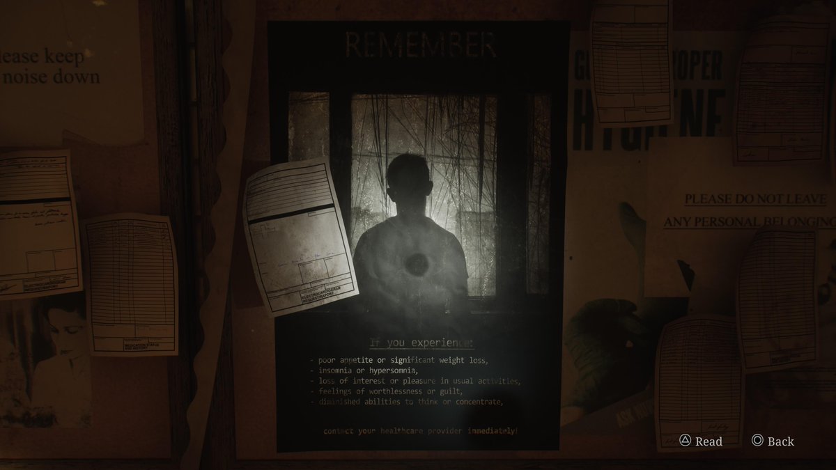 NeoJinEB's tweet photo. De todos los detalles de Silent Hill 2, este es mi favorito de, diría, la saga entera.

Cuando ves un cartel sobre salud mental por tu cuenta, se puede leer "feelings of worthlessness or guilt", pero al pulsar la transcripción (que lo lea James), se omite "or guilt". James es... https://t.co/VKDgeEFrig