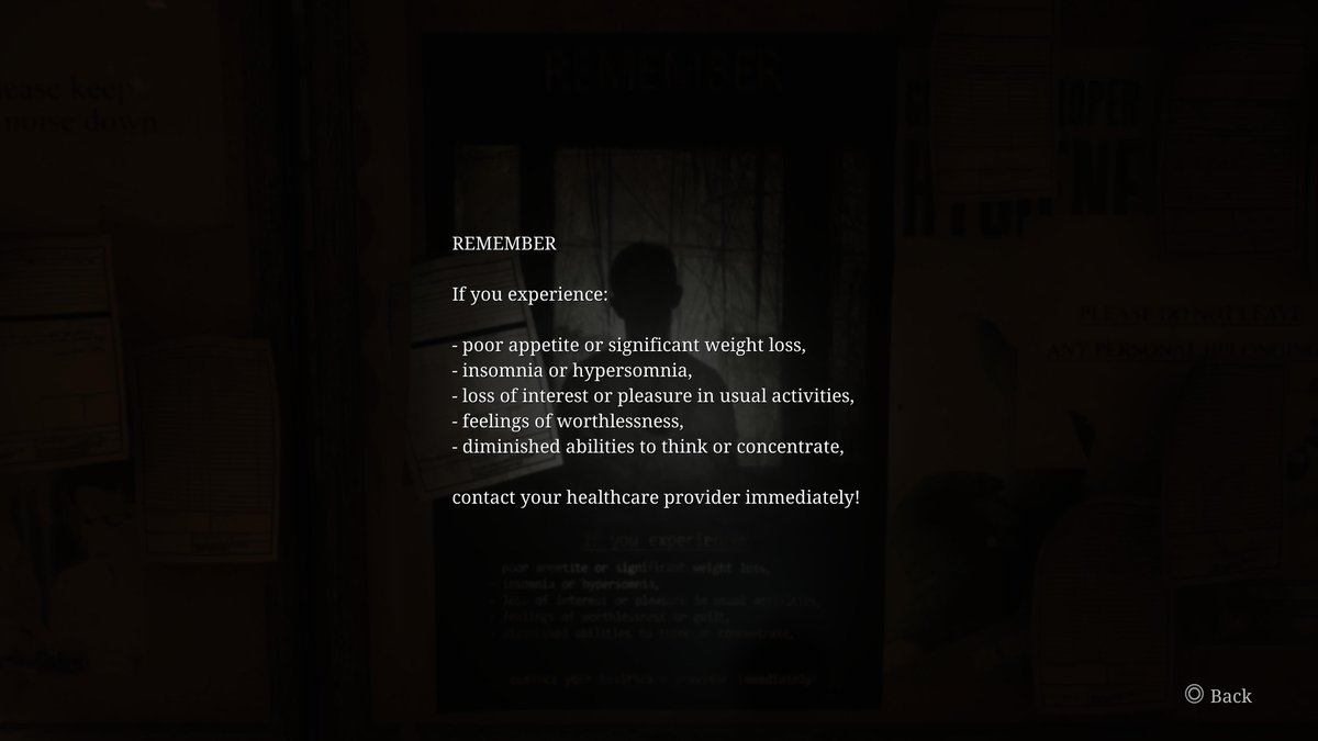 NeoJinEB's tweet photo. De todos los detalles de Silent Hill 2, este es mi favorito de, diría, la saga entera.

Cuando ves un cartel sobre salud mental por tu cuenta, se puede leer "feelings of worthlessness or guilt", pero al pulsar la transcripción (que lo lea James), se omite "or guilt". James es... https://t.co/VKDgeEFrig