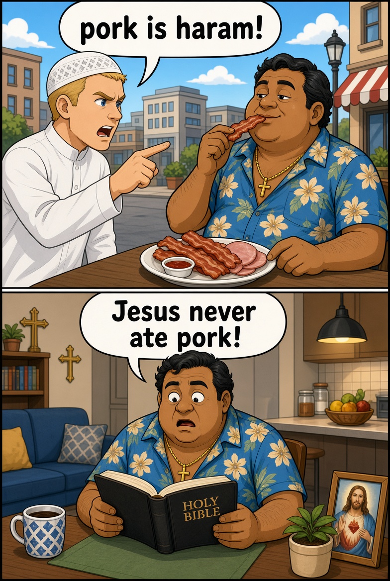 HalalNation_'s tweet photo. Christian’s Eat pork, but Jesus NEVER ate pork.

We Muslims follow the laws of the prophets.

Pork is haram 🥓 https://t.co/eP8KNZQXc4