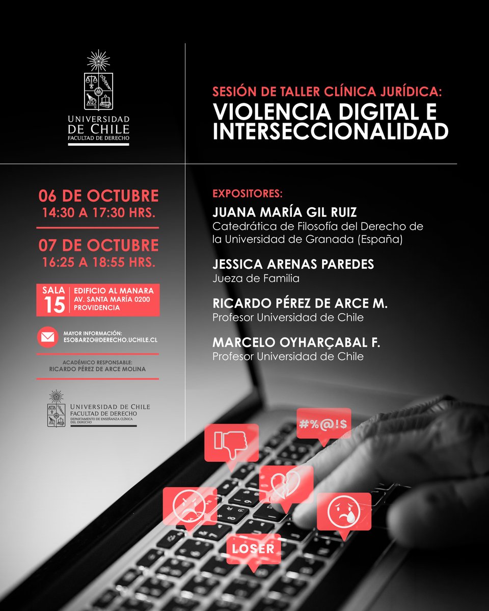 derechouchile's tweet photo. Les invitamos a participar en los siguientes eventos sobre violencia digital organizados por el Departamento de Enseñanza Clínica del Derecho de nuestra Facultad. Más información: https://t.co/YDTxaMngTg https://t.co/PJhR4OKSUY