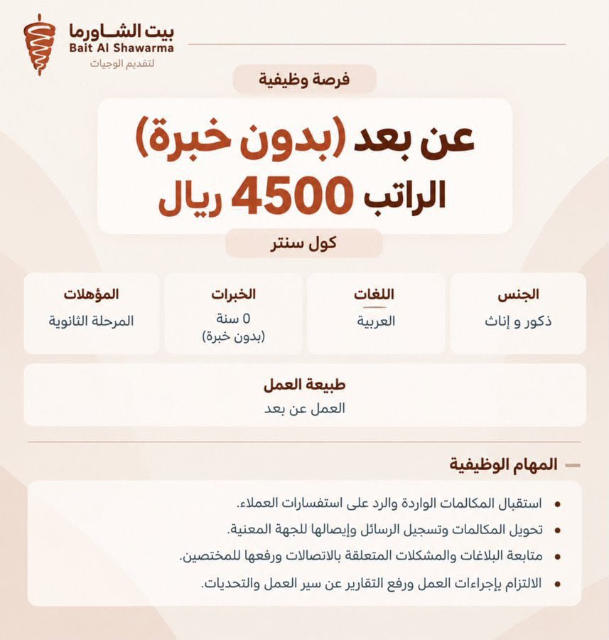 jt_3s's tweet photo. عن بعد (كول سنتر)
بدون خبرة 
بدون لغة 
الراتب 4500 ريال

الرابط للتقديم :

https://t.co/iN5VSpvhln
 
المهام الوظيفية

- استقبال المكالمات الواردة والرد على استفسارات العملاء.
- تحويل المكالمات وتسجيل الرسائل وإيصالها للجهة المعنية.
- متابعة البلاغات والمشكلات المتعلقة بالاتصالات ورفعها للمختصين.
- الالتزام بإجراءات العمل ورفع التقارير عن سير العمل والتحديات
.