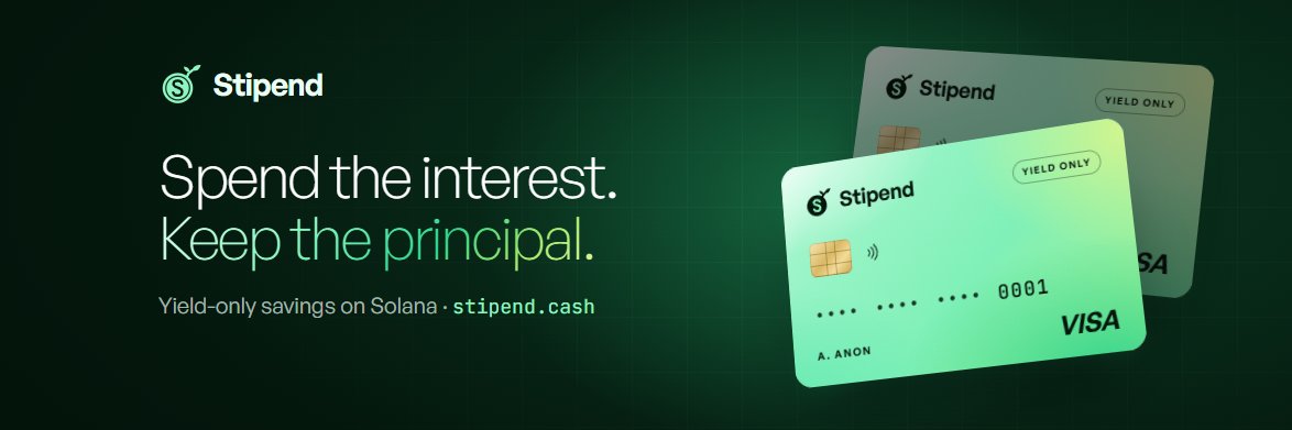 StipendCash's tweet photo. Introducing Stipend after 3 months of work🌱

The first yield-only money app on Solana.

Deposit stablecoins → your principal stays locked → you spend only the interest it earns.

No leverage. No partial fills. If the yield doesn't cover it, the charge is declined. Your savings are never touched.

Live your life off the yield, not your savings.

Early access is open and fully working, deposits capped while we scale.

Card is under review with a licensed card issuer.

CA: vwy5GSRpYsHLvHMn5BzkvxKwA5ZXBcBamPw9yoEpump