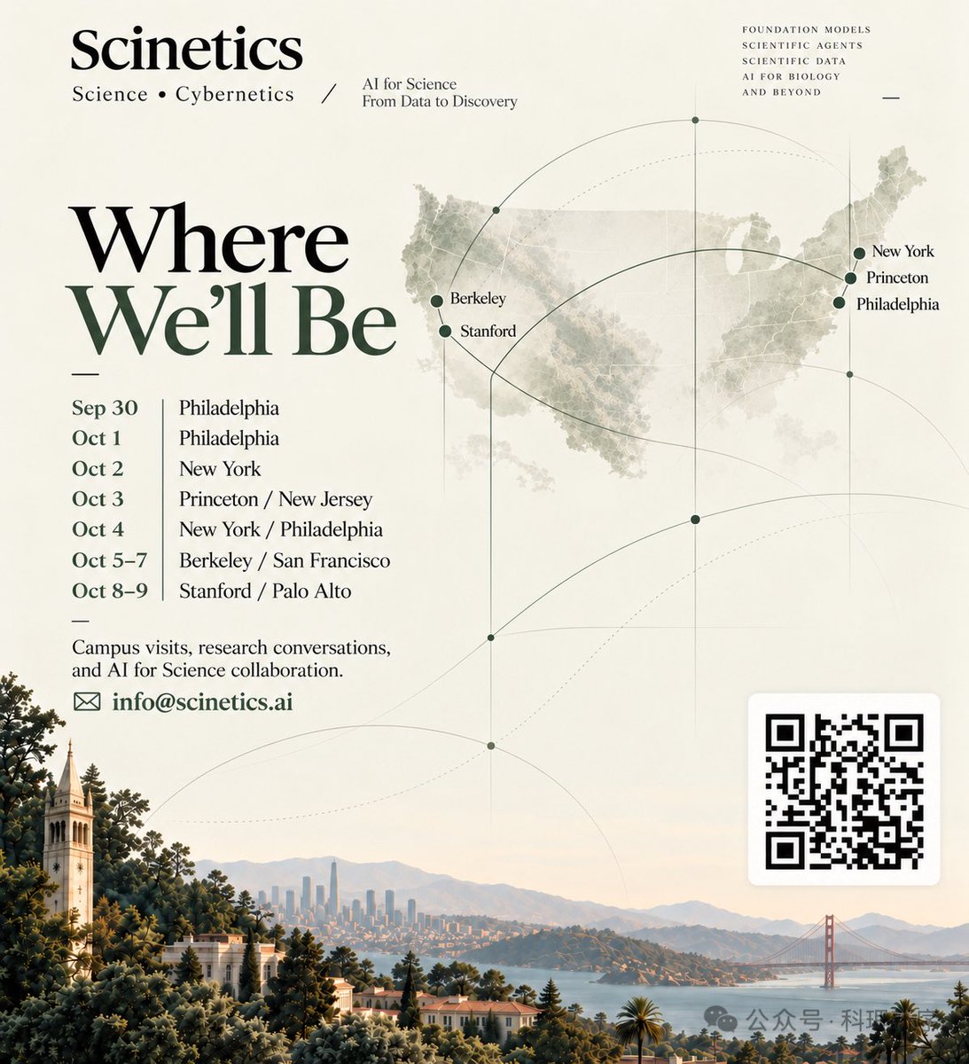 ErikXu02's tweet photo. I’ll be traveling across Philly, NYC, Princeton, Berkeley, SF, Stanford and Palo Alto from Sep 30 to Oct 9 for a small Scinetics @Scineticsai  tour.

I’ll also be around for COLM @COLM_conf and SF Tech Week @Techweek_ , so would love to meet more people working on AI for Science, scientific agents, foundation models, biology, data, experiments, and related areas.

Open to research, recruiting, business collaboration, or just grabbing a coffee and exchanging ideas. If you’re around, feel free to DM me. （the QR code is in Chinese and English, so DM me is the best way)￼￼

Building Intelligence for Science.