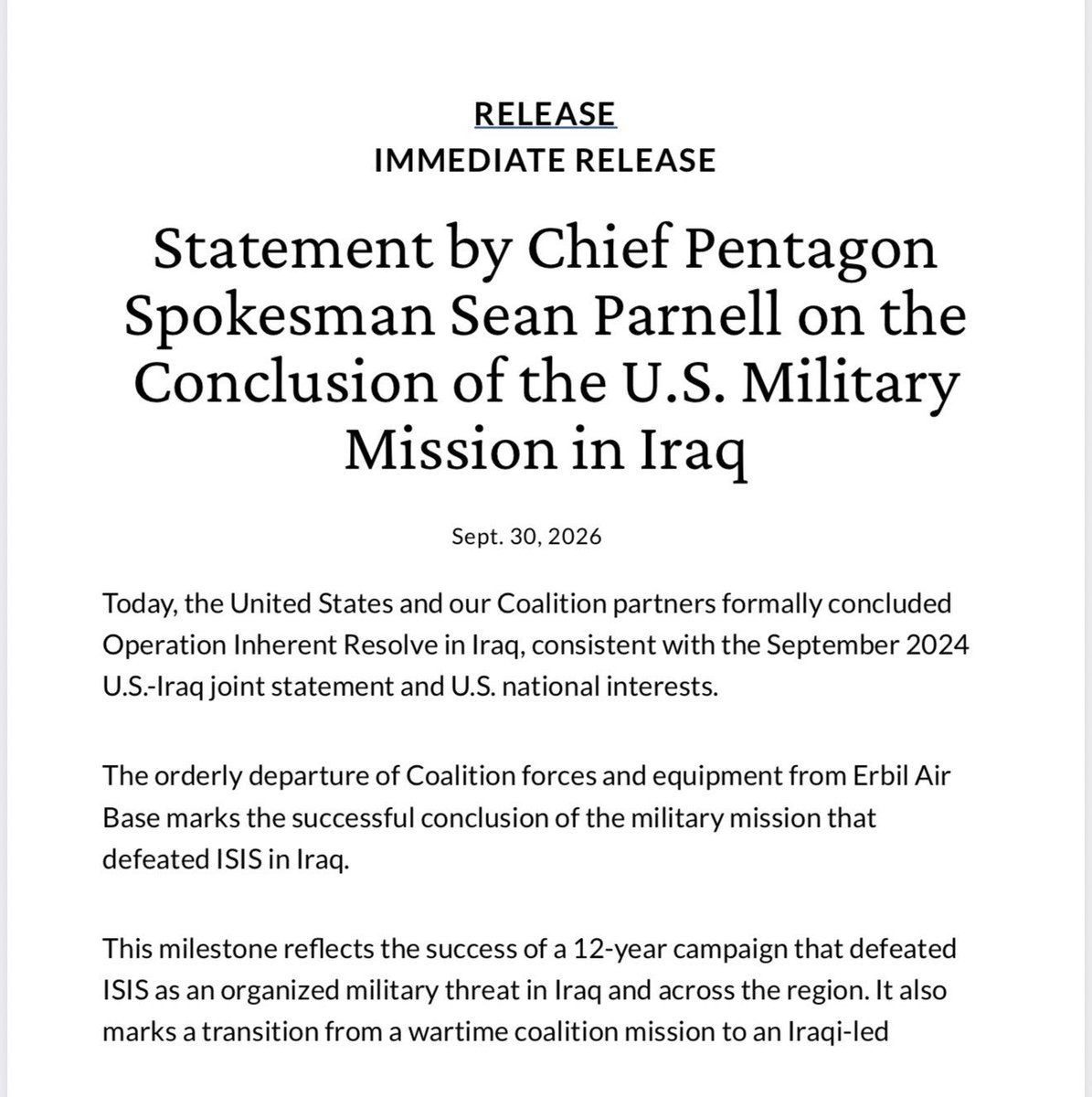 bennyjohnson's tweet photo. The Pentagon has announced that the U.S. military has completed the withdrawal of American forces from Iraq at after 12 years and officially ended Operation Inherent Resolve.

The departure of forces and equipment from Erbil Air Base marks the conclusion of the mission that defeated ISIS in the region.

Finally, some good news out of the Middle East.