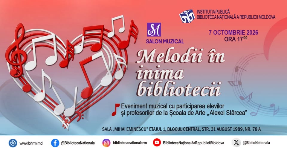 BiblioNationala's tweet photo. 🎶#BNRM vă invită la Salonul muzical „Melodii în inima bibliotecii”, care își propune să apropie biblioteca de comunitate prin promovarea talentului, creativității și valorilor artistice ale elevilor și profesorilor Școlii de Arte „Alexei Stârcea”
🔗https://t.co/IutpIgMnWe https://t.co/34a6cWkoPN