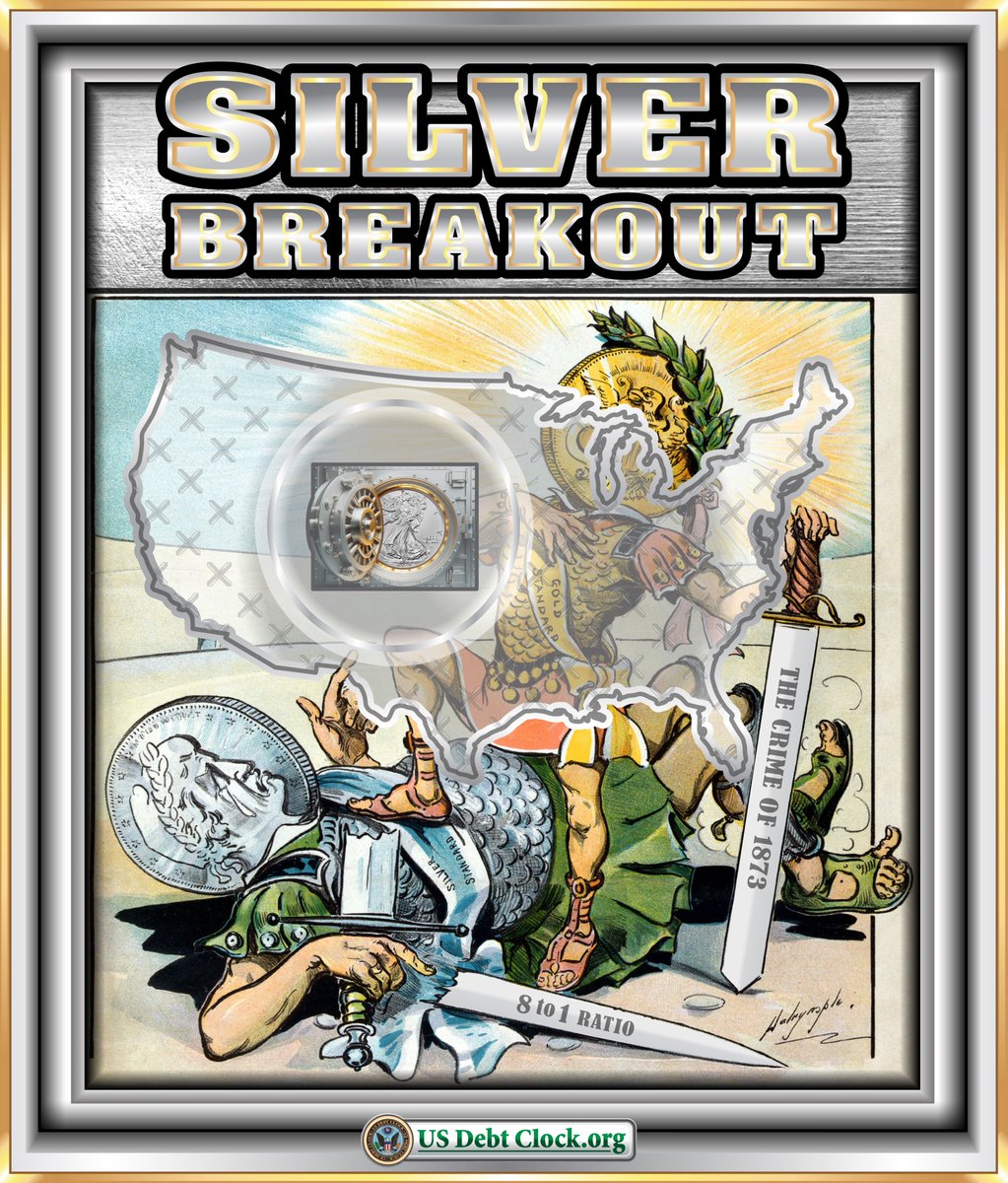 ThSilvermarines's tweet photo. Why did US Debt Clock change 16:1 to 8:1?
The original 1900 Puck cartoon showed the Silver Standard defeated — its broken sword marked “16 TO 1.”
US Debt Clock reused the same image.
But it changed the sword to “8 TO 1 RATIO”
and renamed the scene:
SILVER BREAKOUT.
Why? https://t.co/CVlp6JfrLu
