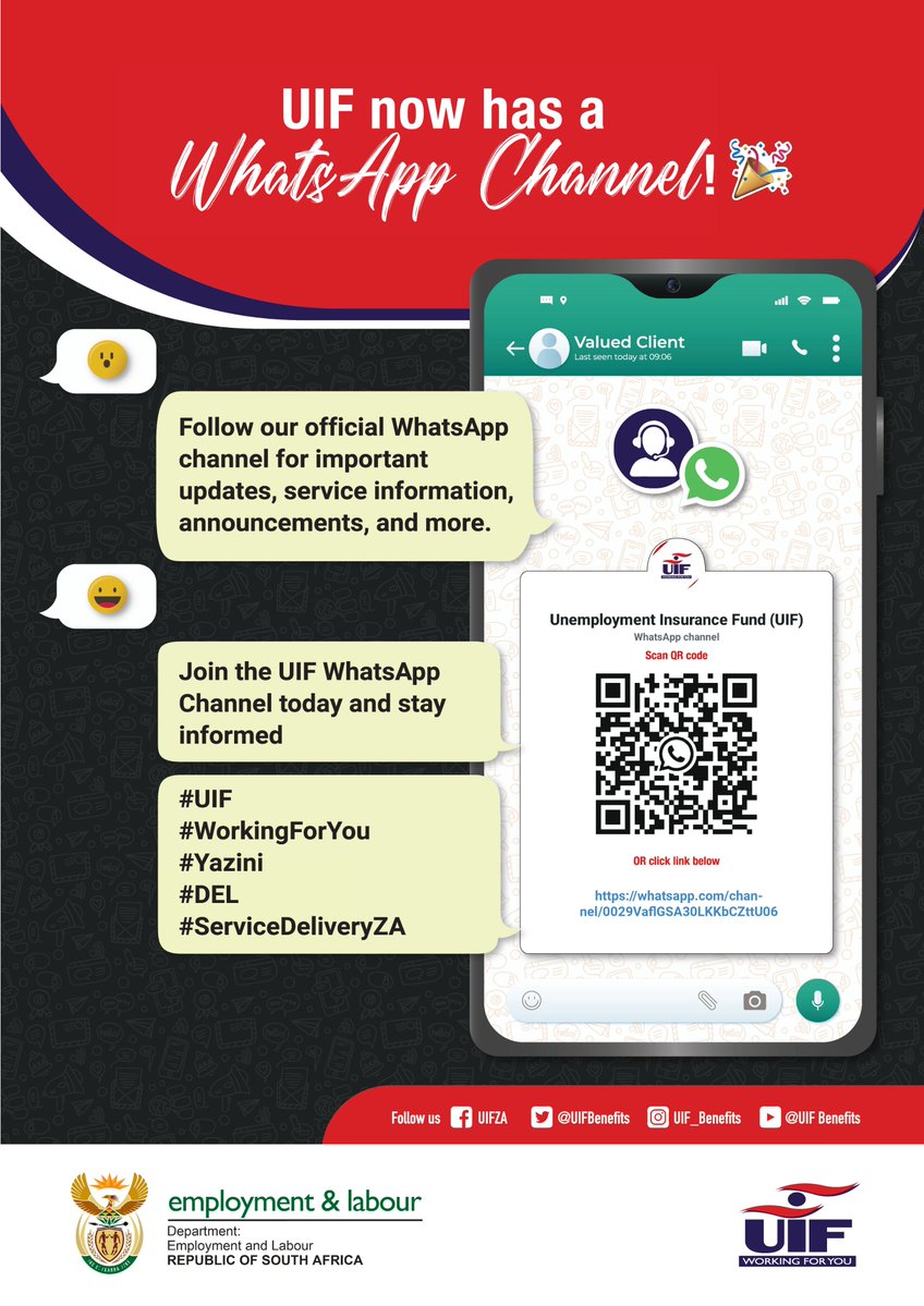 UIFBenefits's tweet photo. Dear Valued UIF Client.

Stay updated with the latest news and information from the #UIF by subscribing to our WhatsApp Channel today.

Subscribe Here: https://t.co/BXkevfq1wr

#UIF
#WorkingForYou
#Yazini
#DEL
#ServiceDeliveryZA
#HeritageMonth2026 https://t.co/al73U6n9gM