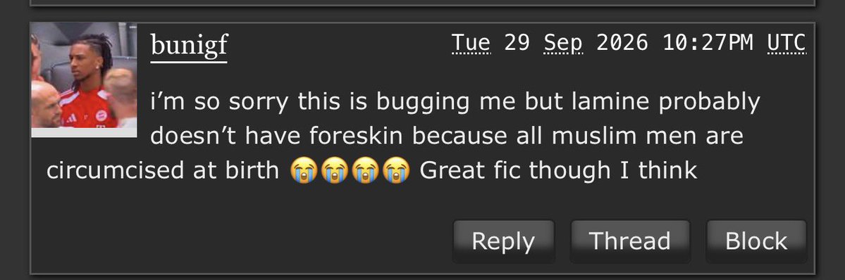 valnkcal's tweet photo. found this comment under a paumine fic where they ran out of breakfast cheese so lamine had to use his built up moldy foreskin as a replacement to make cuba happy https://t.co/1KXS2C5v6X