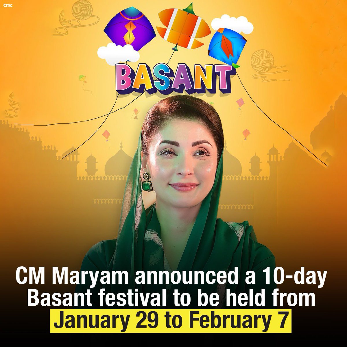 pmln_org's tweet photo. CM Maryam announced a 10-day Basant festival to be held from January 29 to February 7. https://t.co/eiDJWwHtjO