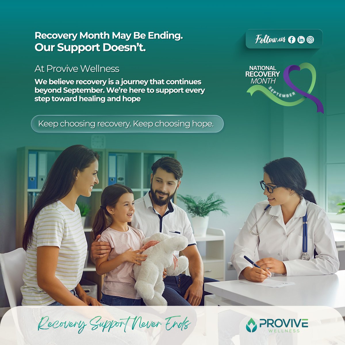 ProviveWellness's tweet photo. Recovery Month may be ending. Our support doesn't. 💚💜

Recovery is a journey that continues beyond September — and Provive Wellness is here for every step.

Keep choosing recovery. Keep choosing hope.

#NationalRecoveryMonth #ProviveWellness https://t.co/ZZbATUF1mU
