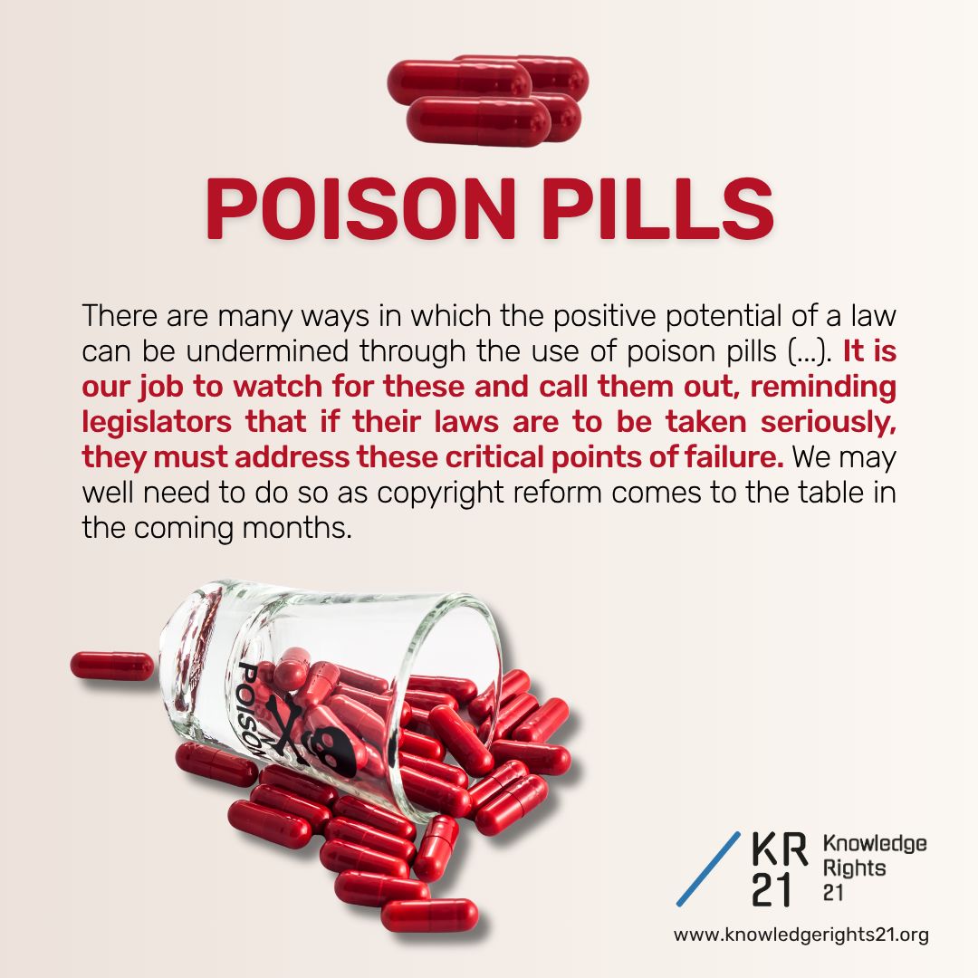 KR21org's tweet photo. POISON PILLS
#Copyright reform is back on the EU’s agenda: the EC’s consultation opened on 29 Sept.
Poison pills can undermine a law’s positive potential. KR21 shares 7 that drain reform of its effect. Spot them before they’re written in.
🔗 https://t.co/uk0JvPjSeX 
#Science4EU https://t.co/Pjh8YKAx5N