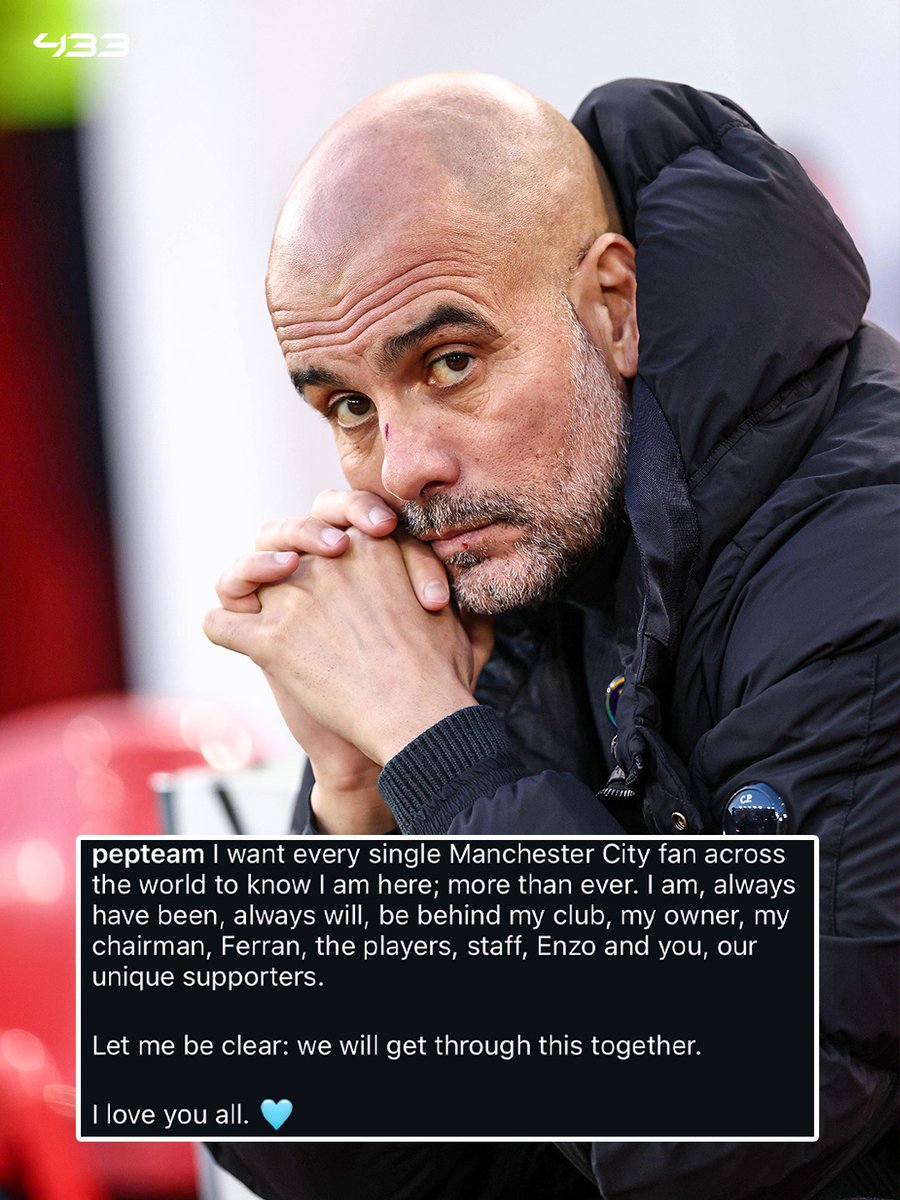 433's tweet photo. 🚨 𝐁𝐑𝐄𝐀𝐊𝐈𝐍𝐆: Pep Guardiola reacts to Man City accusations 🔥

“I want every single Manchester City fan across the world to know I am here; more than ever. I am, always have been, always will, be behind my club, my owner, my chairman, Ferran, the players, staff, Enzo and you, our unique supporters.

Let me be clear: we will get through this together.

I love you all. 🩵”