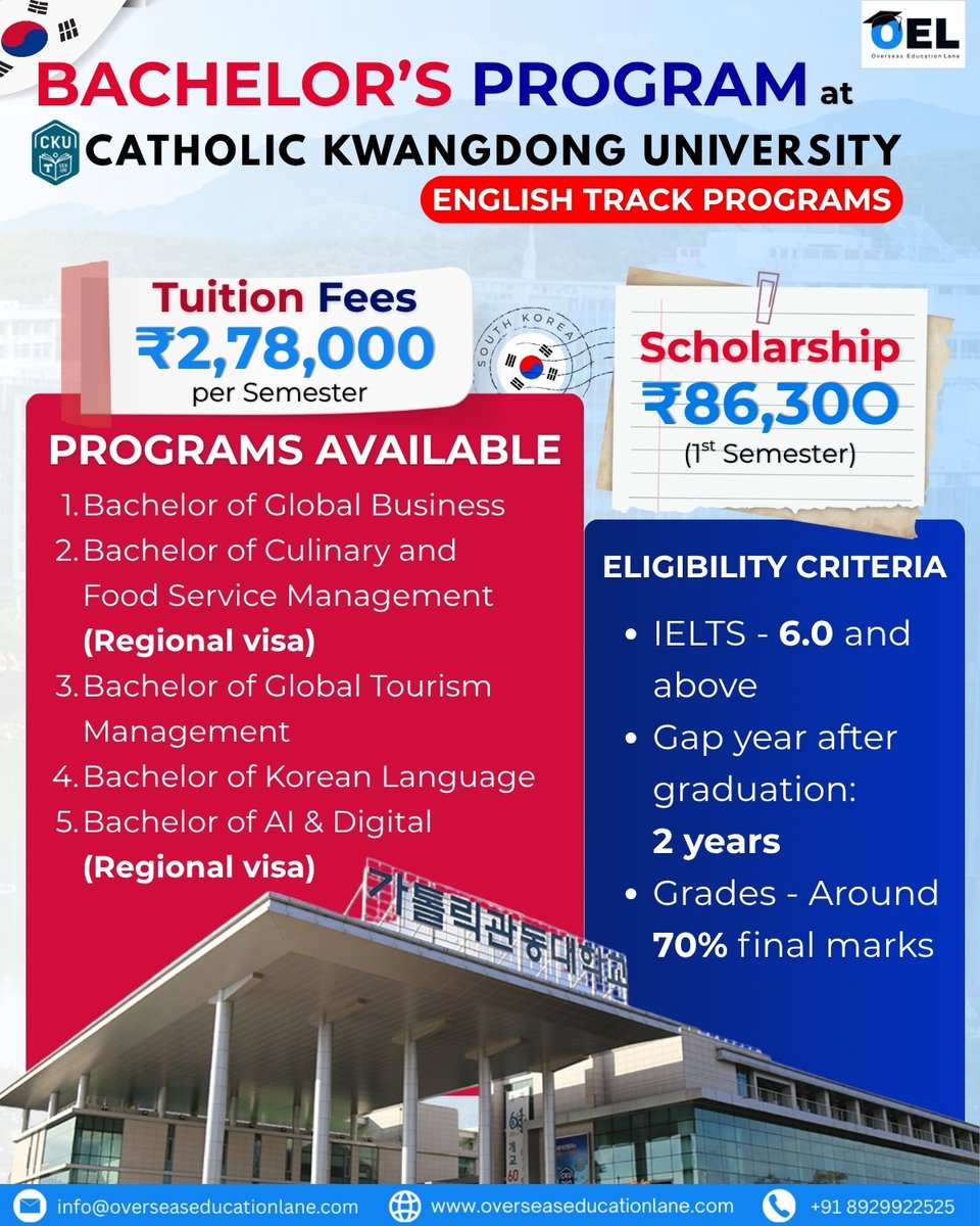 LaneEducation's tweet photo. 🇰🇷 Study in South Korea! 🎓
Explore English-track Bachelor’s programs at Catholic Kwandong University with scholarships up to ₹86,300 for the 1st semester.
🎓 Business | Tourism | Culinary | Korean Language | AI & Digital
#StudyInKorea #StudyAbroad https://t.co/HoW4aeksRH