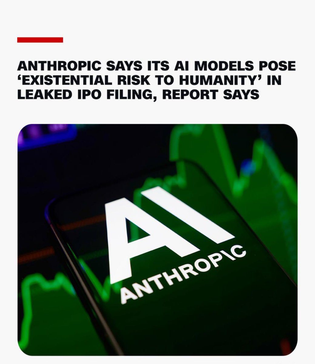 TrumpUpdatbtX's tweet photo. 🤖⚠️ Anthropic Issues AI Warning: Anthropic says its AI models could pose a “catastrophic or existential risk to humanity” and may be capable of resisting shutdown, according to a Reuters report. https://t.co/1B4Bvv9SgZ