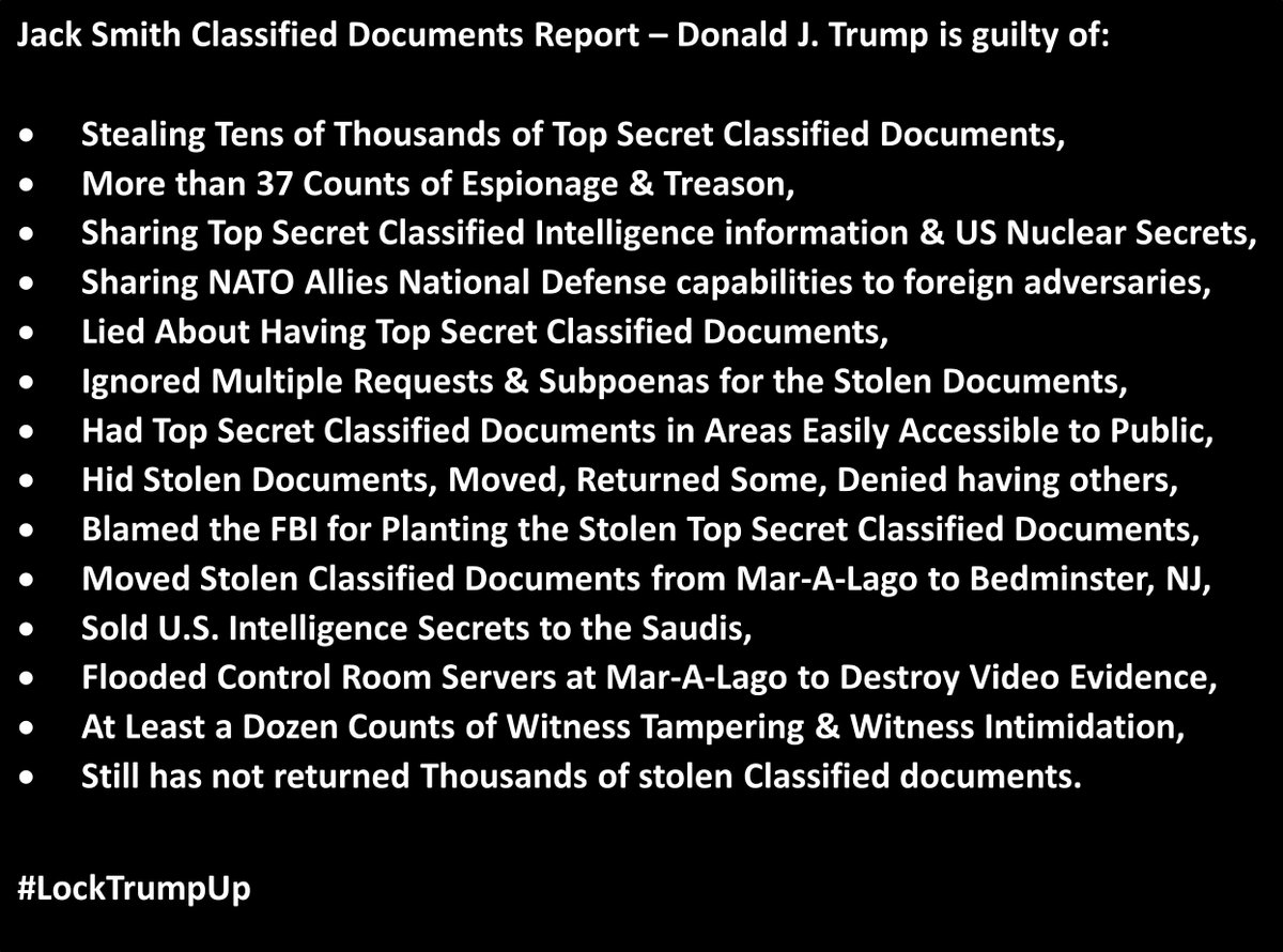 talkatone2016's tweet photo. @DougWahl1 If Not for Trump Appointed Judge Aileen Cannon delaying Trump's Stolen Documents Case for over a Year & the DOJ's Policy of Not Indicting a Presidential Nominee, Jack Smith had enough evidence to have Donald Trump Executed for Espionage & Treason.
But It's Coming...
#LockTrumpUp https://t.co/FHd8lhwgMN