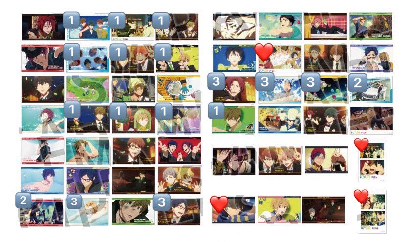 aya_25tri's tweet photo. 【交換】Free! ブロマイドコレクション エンディング Ending Scene

譲：数字のもの(数字は枚数)
求：❤️のもの

岩美町11日、大阪手渡し、郵送交換。こちらの手持ちで横列4枚揃っているものは❤️含む横列4枚とセットで交換も可能です。ID付きのお写真はリプ返信時又はDMにてお送り致します。 https://t.co/TZrYslBohn