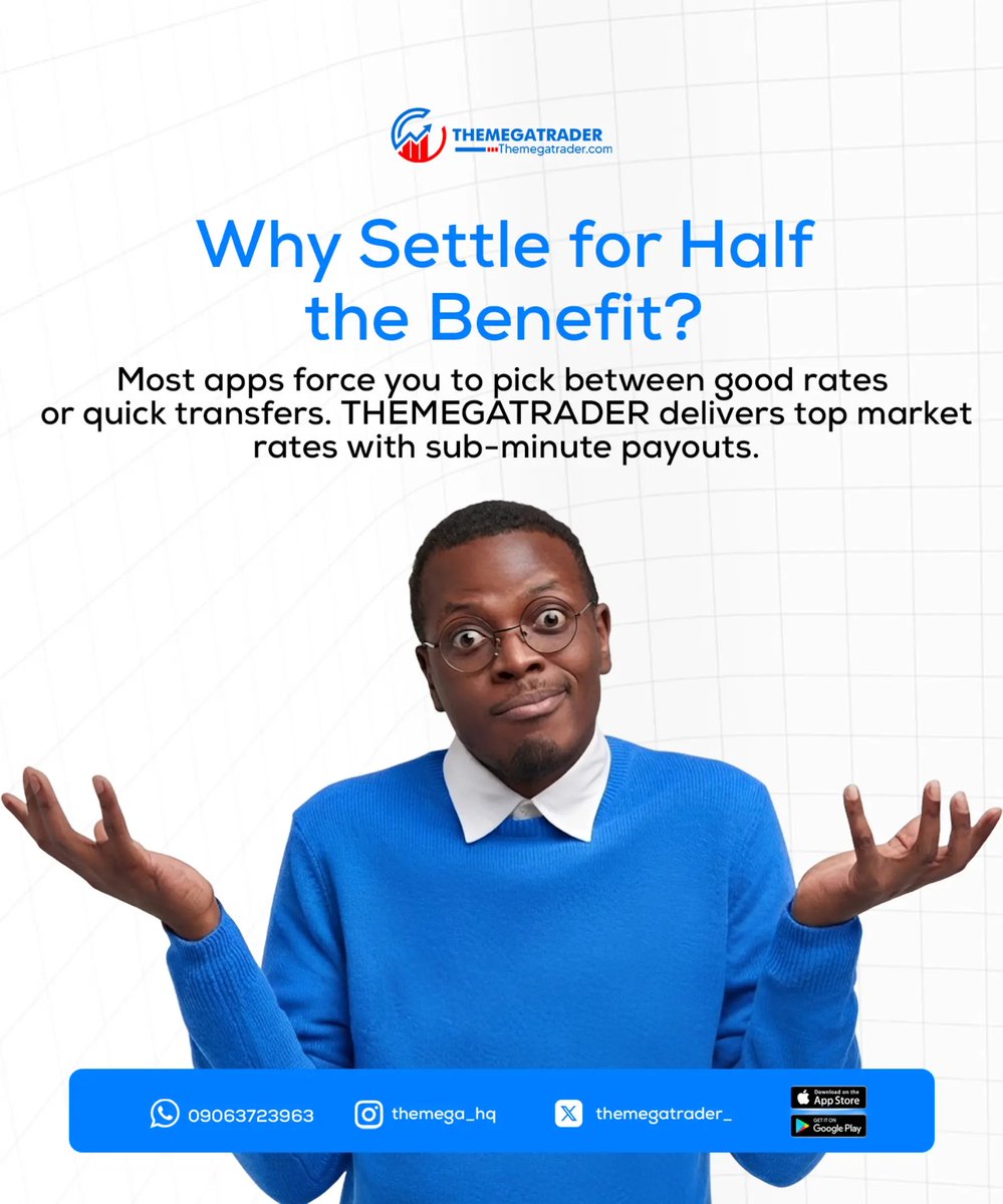 themega_hq's tweet photo. You shouldn't have to choose between high rates and fast payouts. 🤷🏽‍♂️️⚡
​Most platforms make you compromise—either you wait hours for a good rate or take a low payout just to get quick cash. With THEMEGATRADER, you get the best of both worlds without sacrificing anything.  
​Get maximum value and speed combined into one app:
📈 Top-tier market rates on crypto & gift cards
⏱️ Sub-minute payouts sent straight to your bank account
🔒 Ironclad transaction security
📱 Zero friction trading experience  
​Stop settling for half the benefit. Switch to the complete trading package today.  
​📲 Download THEMEGATRADER now and trade without compromises.  
​Best rate crypto app Nigeria, Fast payout crypto app, Sub minute crypto cashout, Sell USDT high rate, Best gift card exchange rate, THEMEGATRADER app download, Quick payout trading app Nigeria.  
​#Themega_HQ #NoCompromise #CryptoNigeria #FastPayouts #BestRates #Fintech