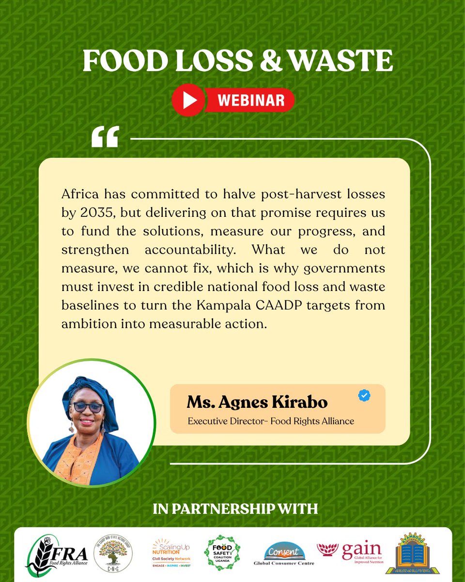 FRAUGANDA's tweet photo. Key reflections from the webinar’s keynote address by Ms. @kiraboaggie, our Executive Director, on halving post-harvest losses by 2035, highlighting the importance of data, accountability, and action in turning commitments into measurable progress. 

@MAAIF_Uganda @ConsentUganda @Uganda_Gain @FrankTumwebazek @CAREUganda 

#FoodLossAndWaste
