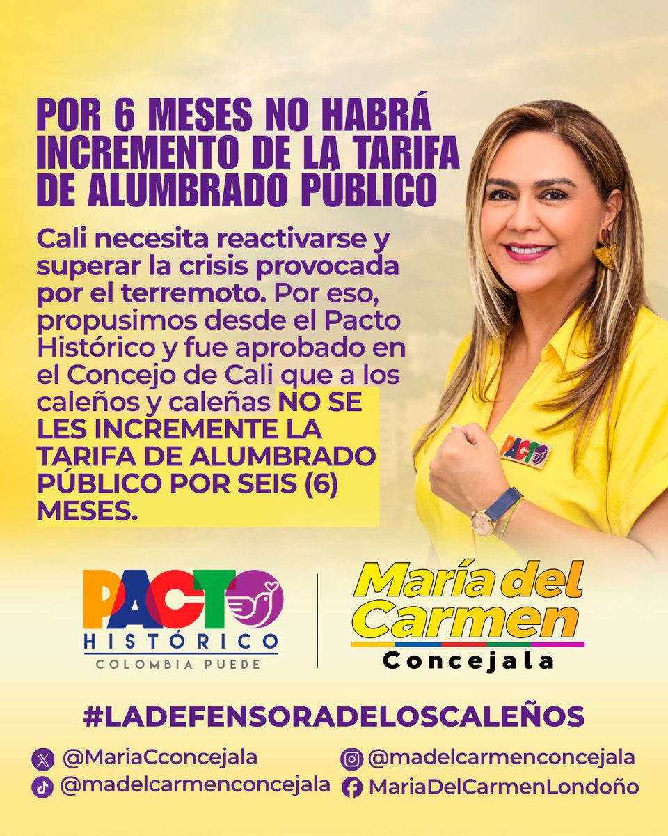Mariatedefiende's tweet photo. ‼️Alivio para el cobro de la tarifa de alumbrado público 🧾, desde el concejo de Cali, el pasado 14 de septiembre entre los acuerdos aprobados como Bancada del Pacto Histórico, el concejal @SergioMZamoraB y mi persona, propusimos el congelamiento del aumento en la tarifa del servicio de alumbrado público por 6 meses.

💛Esto permitiría a las más de 50.000 personas damnificadas por el terremoto tener un alivio con relación al cobro de este servicio público.

#ladefensoradeloscaleños
#pactohistórico 
#somoselcambio 
#calicolombia