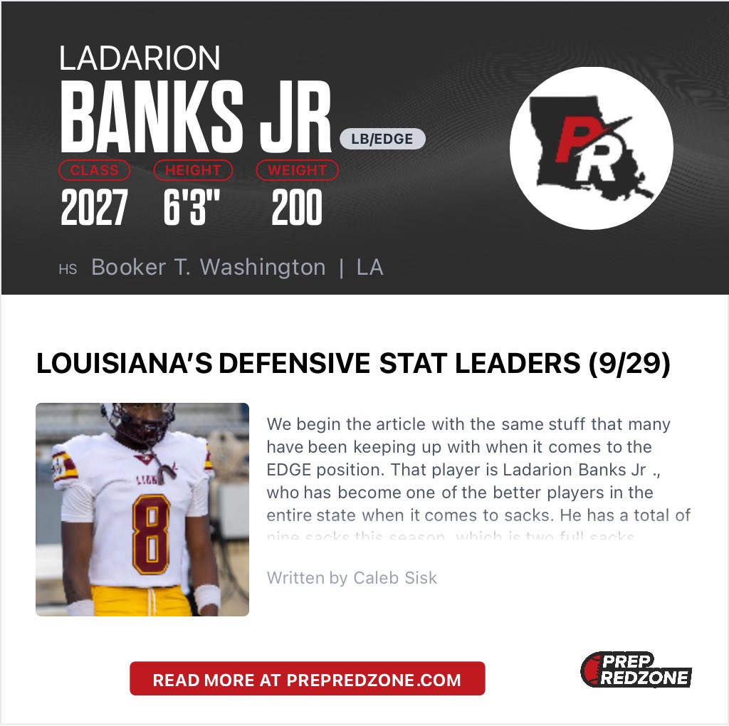 ladarionbanksjr's tweet photo. Grateful for the feature @PrepRedzoneLA 💯
Leading Louisiana in Sacks (9) feels good, but this ain’t the peak.
We just getting started‼️ (Don’t sleep on a Lion 🦁) @BTW_Lions @CoachGCoop @coach_jay318 @CoachLesterIII @Davis1_coach @CoachMoss2392 @N_W_Sports @CalebSisk_ https://t.co/15le8BvV1g
