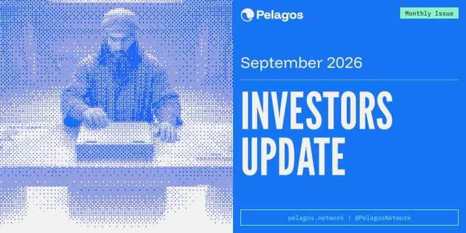 A blue-toned promotional banner for 'Pelagos' advertises an 'INVESTORS UPDATE' for September 2026, labeled as a 'Monthly Issue,' with a halftone image of a person on the left and handles pelagos.network | @PelagosNetwork at the bottom.