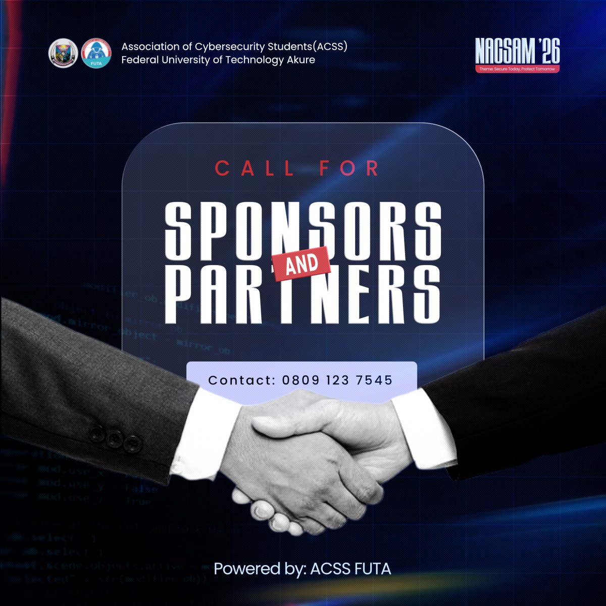 acss_futa's tweet photo. Big movements start with strong partnerships! 🤝

ACSS FUTA is officially open to Sponsors &amp; Partners for NCSAM ’26! 🚀

Partner with us to support digital safety, reach tech talents, and amplify your brand.

Dm: 08091237545 

Let’s build a safer digital future together.
#NCSAM https://t.co/q4pVTyLHby