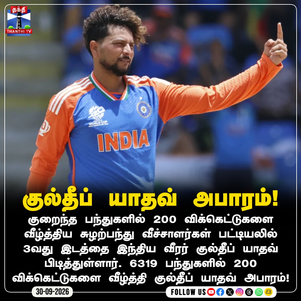 ThanthiTV's tweet photo. குல்தீப் யாதவ் அபாரம்!

#KuldeepYadav #TeamIndia #SpinBowler #CricketNews #ThanthiTV #RecordAlert #thanthitv #தந்திடிவிடிஜிட்டல் https://t.co/HfAlvV1Sos
