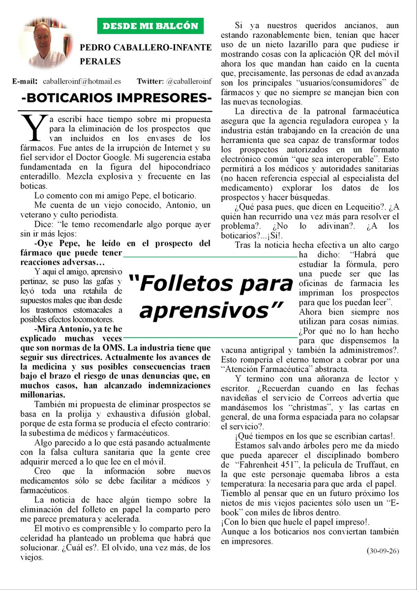 caballeroinf's tweet photo. Os dejo con mi nuevo artículo Desde Mi Balcón 
No pierdas la oportunidad de leerlo.
#Medicamentos #Prospectos #Hipocondríacos #OMS #Contraindicaciones #Papel #Correos #Christmas #Viejos #QR #Ebook https://t.co/ezpp5sjiOl