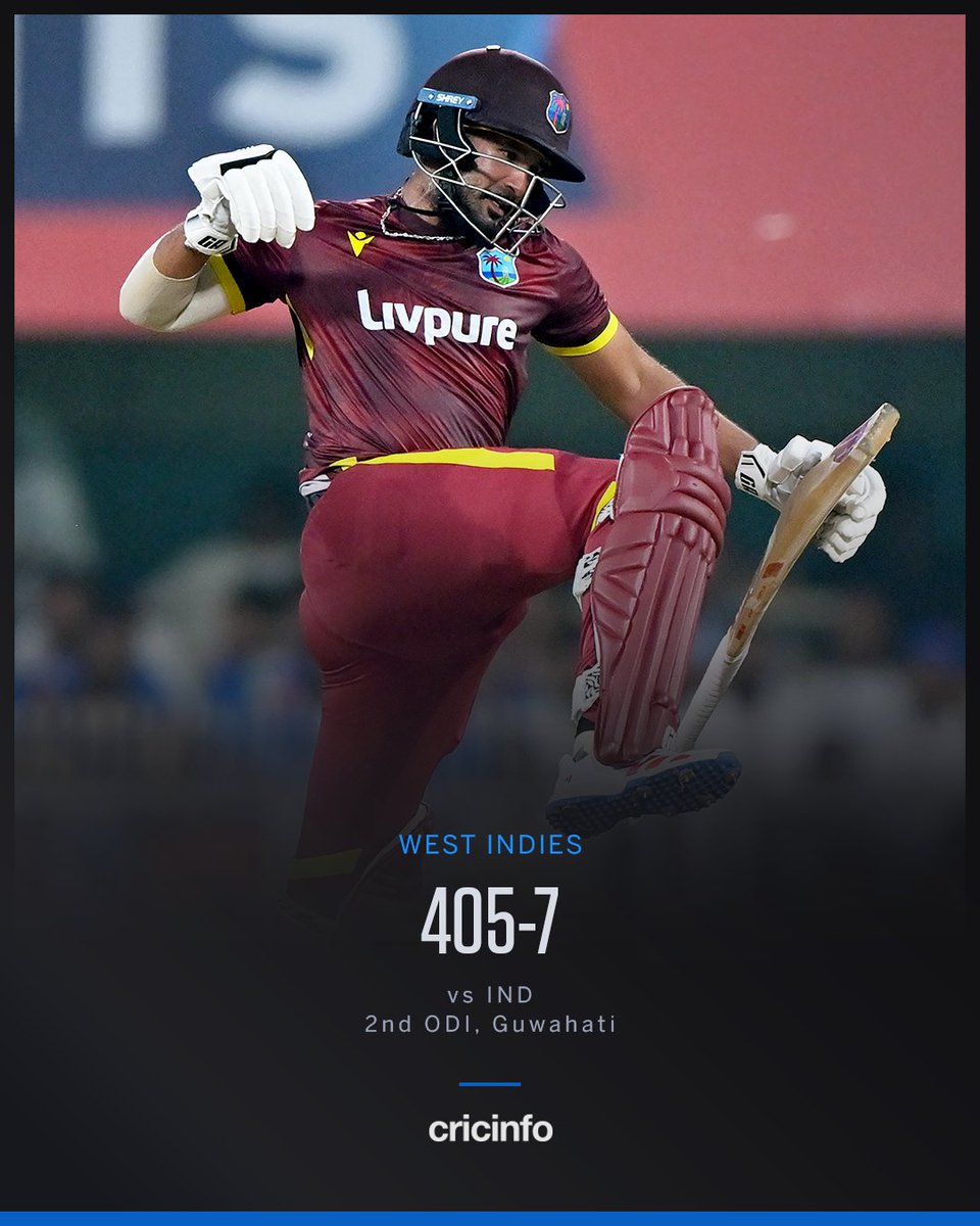 cricinfo's tweet photo. ◾ WI's highest ever ODI total 
◾ The highest ODI total in Guwahati 
◾ First time WI have three centurions 

A RECORD-BREAKING NIGHT FOR WI 🔥

(India's highest successful chase is 362 👀) https://t.co/CSbRbhKbrj