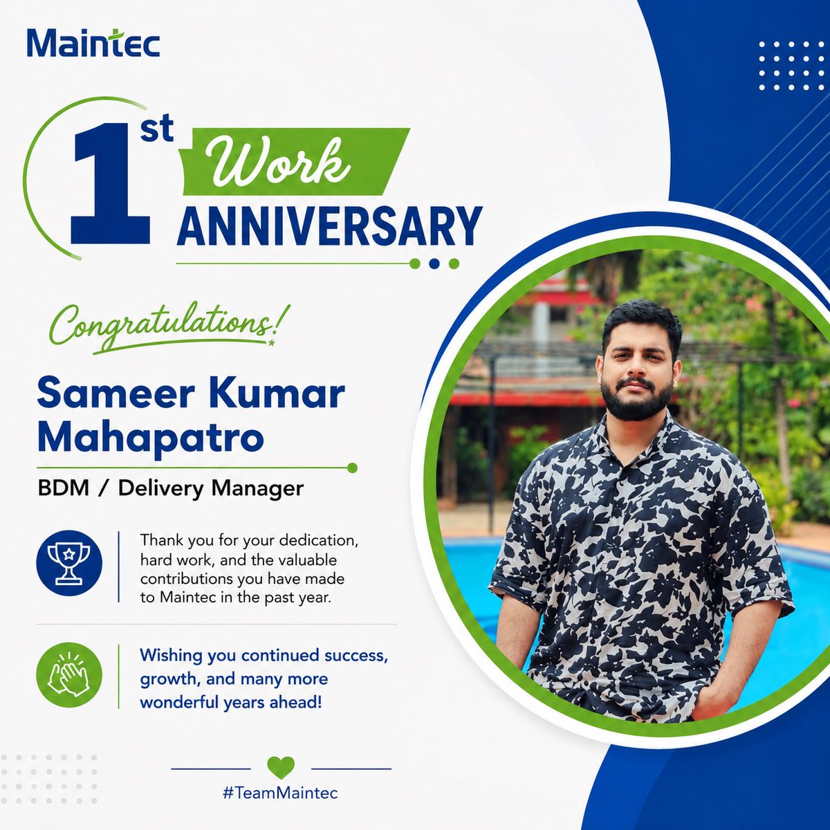 Maintec_Tech's tweet photo. Happy Work Anniversary, Sameer!

Your commitment and contributions make a meaningful difference. Here’s to continued success, growth, and new achievements in the journey ahead.

#WorkAnniversary #TeamMaintec https://t.co/7h2rrMEWwM