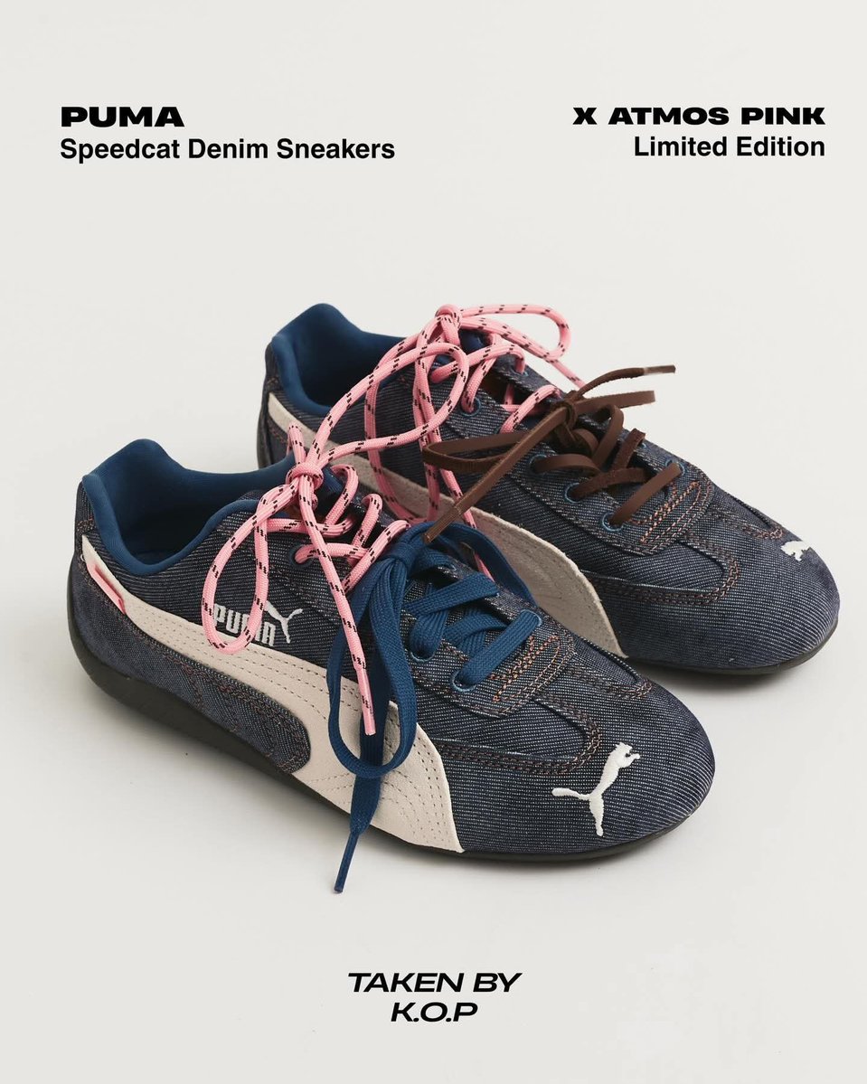 aleyaakc's tweet photo. NAKSIR BANGET SAMA PUMA SPEEDCAT DENIM ATMOS PINK INI 😭🫰🏻 COLORWAY INI CAKEP PARAHH 🩷 https://t.co/A8u32nszxI