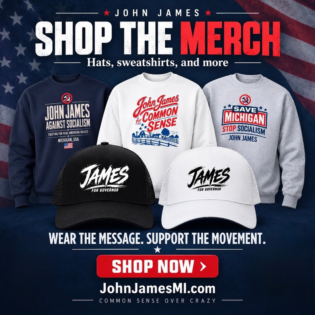 JohnJamesMI's tweet photo. THE MOVEMENT HAS NEVER LOOKED THIS GOOD. 🔥🇺🇸

Wear the message. Support the mission. Help us bring COMMON SENSE back to Michigan.

Shop now at https://t.co/XJvr4zXoFf! https://t.co/Nww1pMlXKP
