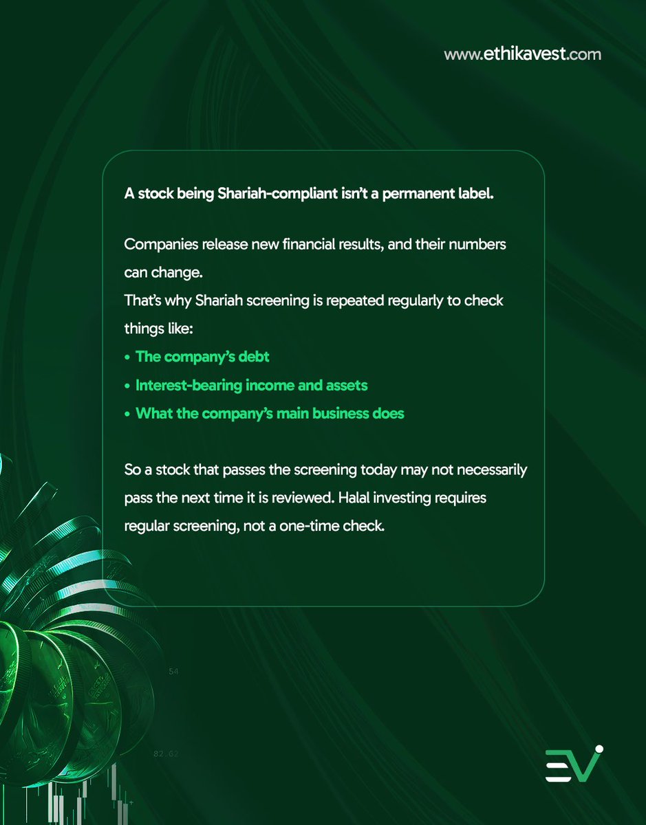 EthikaVest's tweet photo. A Shariah-compliant stock can change. 

Why? A company’s financials and business activities can change too.

Debt, interest-bearing income/assets and core business activities are among the factors reviewed during Shariah screening.

That’s why screening is regular, not one-time. https://t.co/2gT7E4FbzK