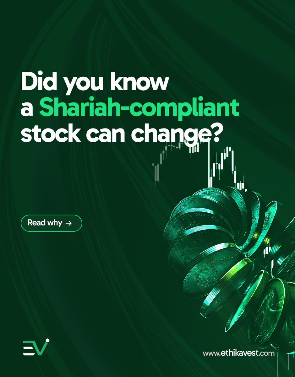EthikaVest's tweet photo. A Shariah-compliant stock can change. 

Why? A company’s financials and business activities can change too.

Debt, interest-bearing income/assets and core business activities are among the factors reviewed during Shariah screening.

That’s why screening is regular, not one-time. https://t.co/2gT7E4FbzK