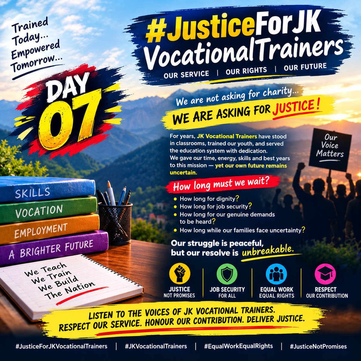 iffat_speaks's tweet photo. Enough of promises! Enough of delays!
VT's demand justice, not excuses!
Struggle will continue until the genuine demands are addressed. 
Respect our service, honour our contribution &amp; deliver justice.
WE WILL NOT BE SILENCED! 🔥
@CM_JnK @sakinaitoo
#JusticeForJKVocationalTrainers https://t.co/HRVDS3HPSB