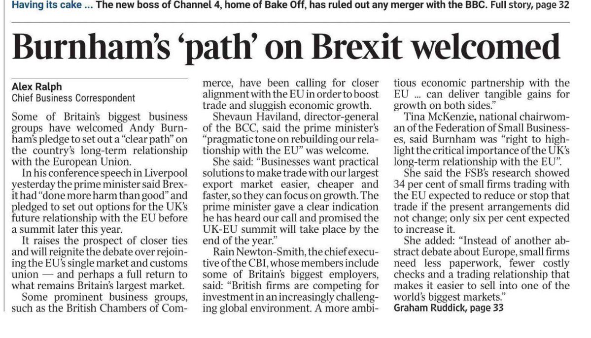 LizWebsterSBF's tweet photo. This is how Brexit finally unravels: not through ideology, but because British businesses can no longer afford it.

34% of small firms trading with the EU expect to cut or stop unless things change. Just 6% expect growth.

Burnham’s clear path back towards Europe is economic necessity.